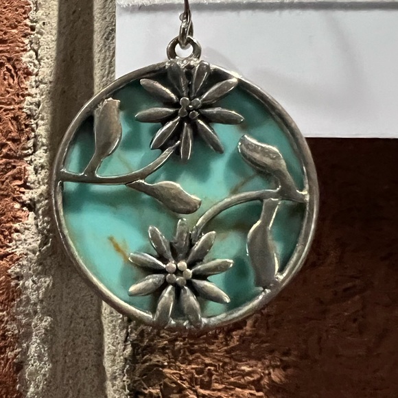 Silver Turquoise Dangle Earrings; TQ Disk Drop Earrings - Picture 3 of 9